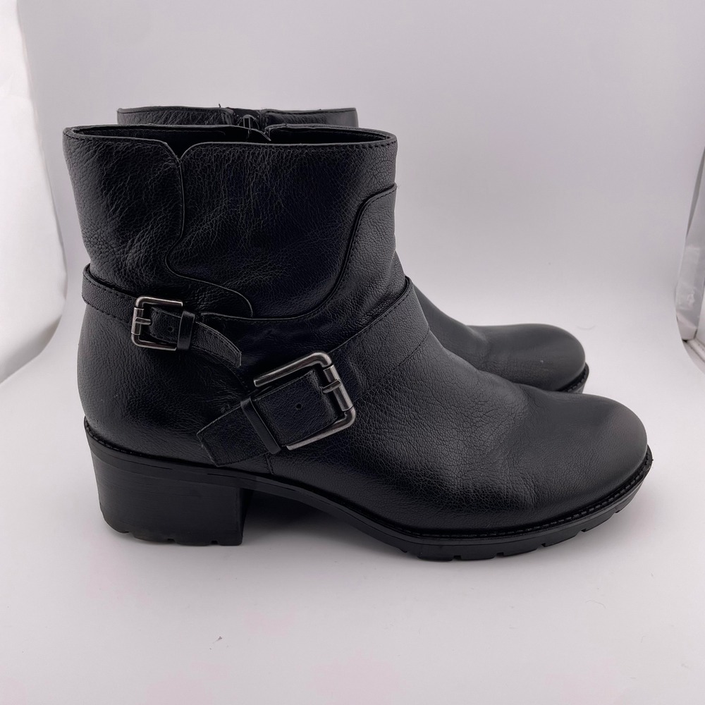 Nine West Black Leather Moto Ankle Boots Buckle Strap Lug Sole Block Heel 10M